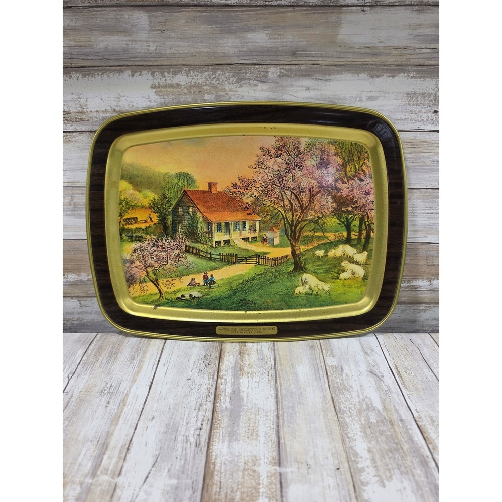 Vintage Currier & Ives American Homestead Spring Metal Serving‎ Tray Faux Wood